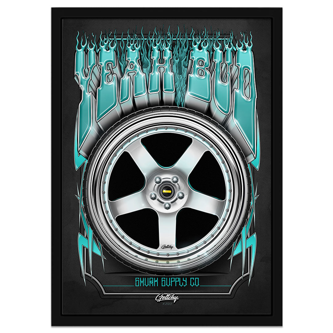 SMVRK Supply Co | YEAH BUD Simmons FR1 3 Piece Wheel Illustrated A2 or A3 Size Framed Poster Prints a captivating fusion of automotive artistry and personal expression