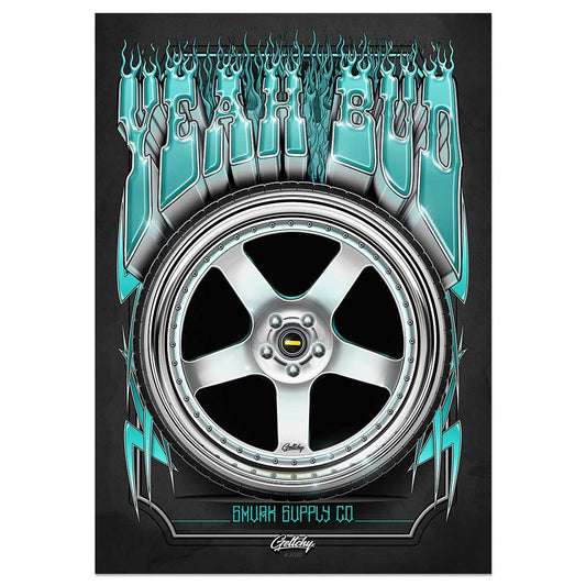 SMVRK Supply Co | YEAH BUD Simmons FR1 3 Piece Wheel Illustrated A2 or A3 Size Poster Prints a captivating fusion of automotive artistry and personal expression