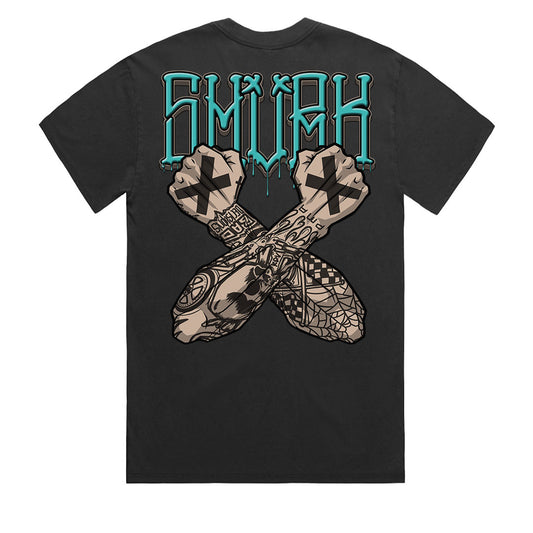 STRAIGHT EDGE faded black heavy cotton t-shirt for men by SMVRK Supply Co, featuring cholo graffiti typography and fist illustration, Australian-made punk tee.