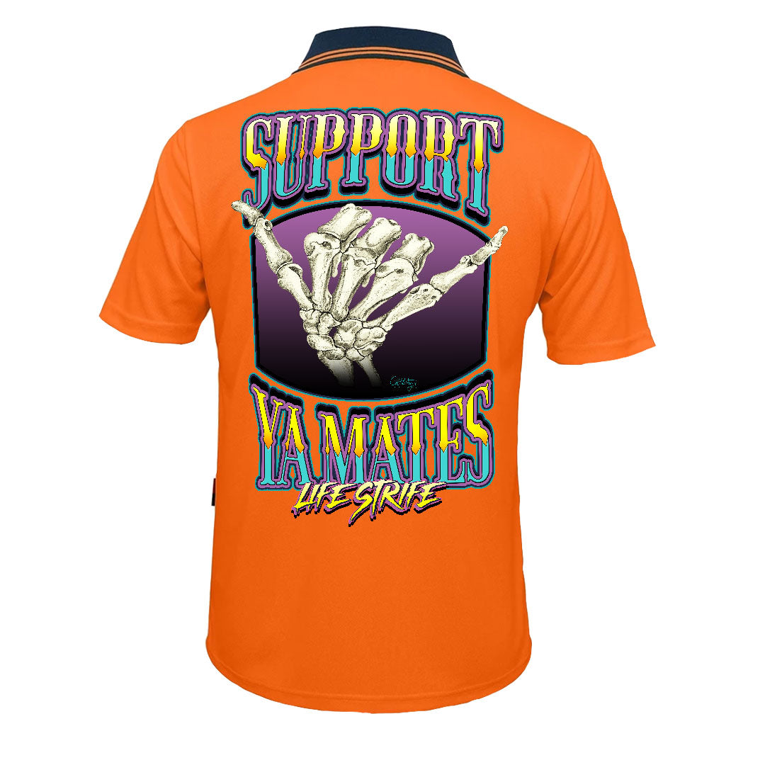 LIFE STRIFE | Support Ya Mates Graphic Shaka Hand Slogan Men's Orange Hi Vis Polo Tradie Work Shirt