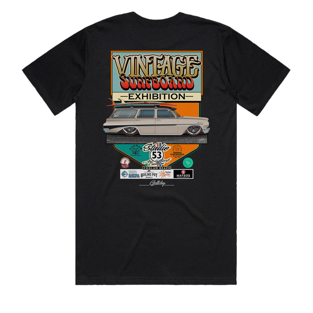 Vintage Surfboard Exhibition 2024 Black Mens T-Shirt