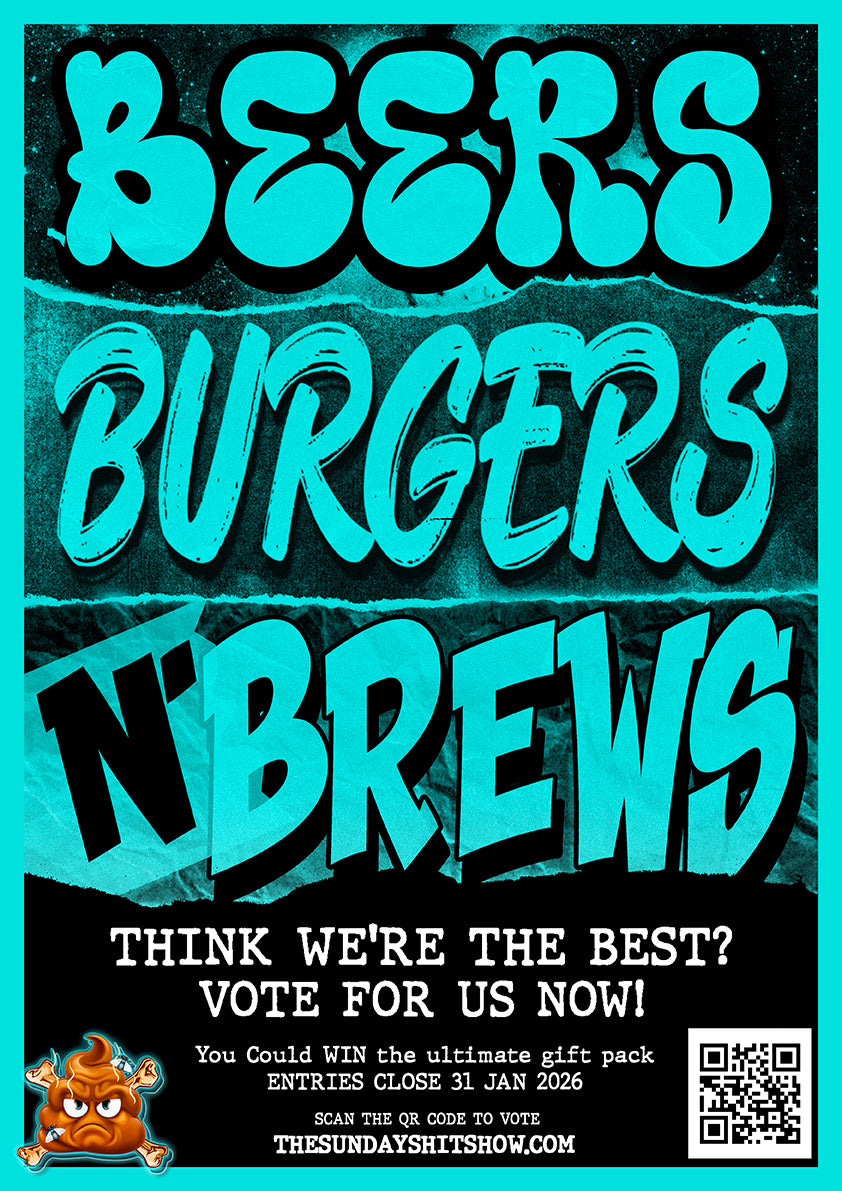 Promotional poster with 'Beers, Burgers n' Brews' text and call to action for voting.