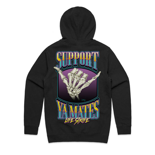 LIFE STRIFE | Support Ya Mates Graphic Shaka Hand Slogan Black Men's Shaka Pullover Hooded Sweatshirt