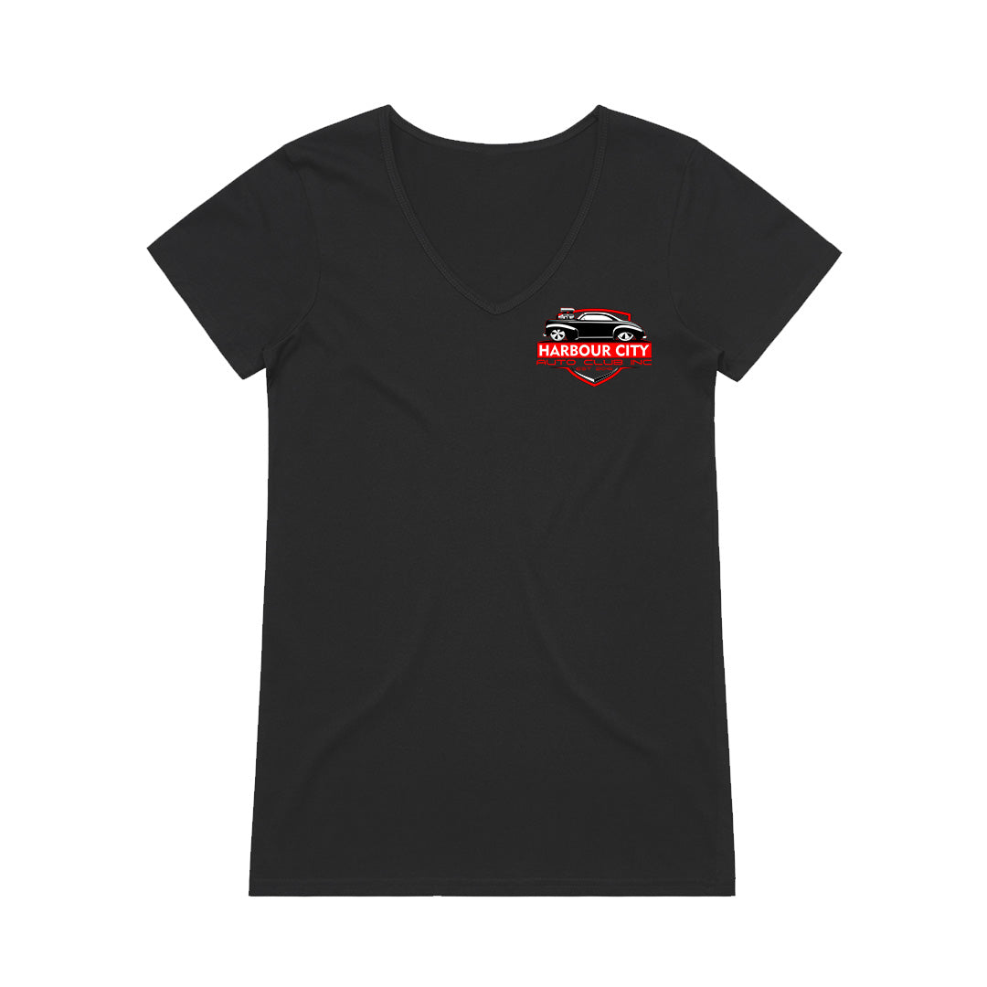 Geltchy | Women's Harbour City Auto Club 2024 Official Members V-Neck T-Shirt in Black - Front Detail
