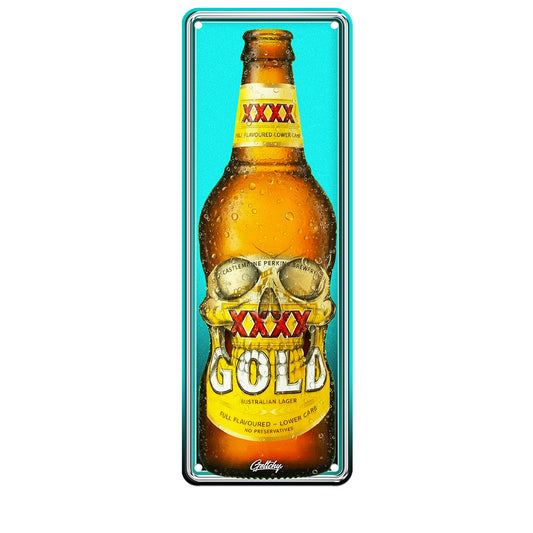 XXXX Gold Skull Beer Bottle Tin Sign - Hand-Illustrated Australian Man Cave Aluminium Wall Art