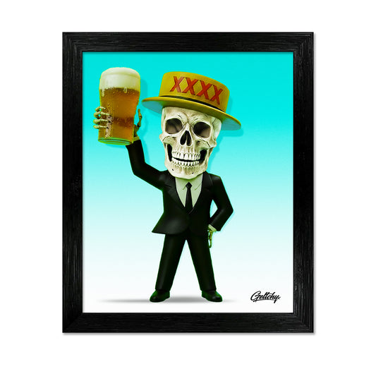 XXXX Man skull art print large 28cm framed aluminium Australian beer pop art by Geltchy for man cave bar decor