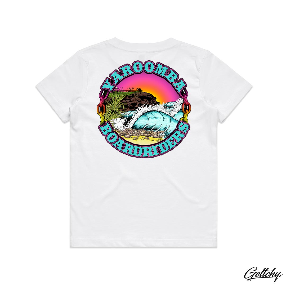 YAROOMBA Boardriders QLD 2023 Merchandise Kids T-Shirt in White Sizes 2-4-6