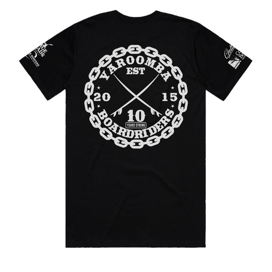 Yaroomba Boardriders 10 YRS STRONG 2025 OG Logo Mens T-Shirt Black