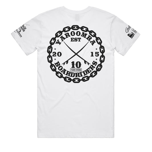 Yaroomba Boardriders Official OG Logo Men's White 10 YRS STRONG 2025 T-Shirt