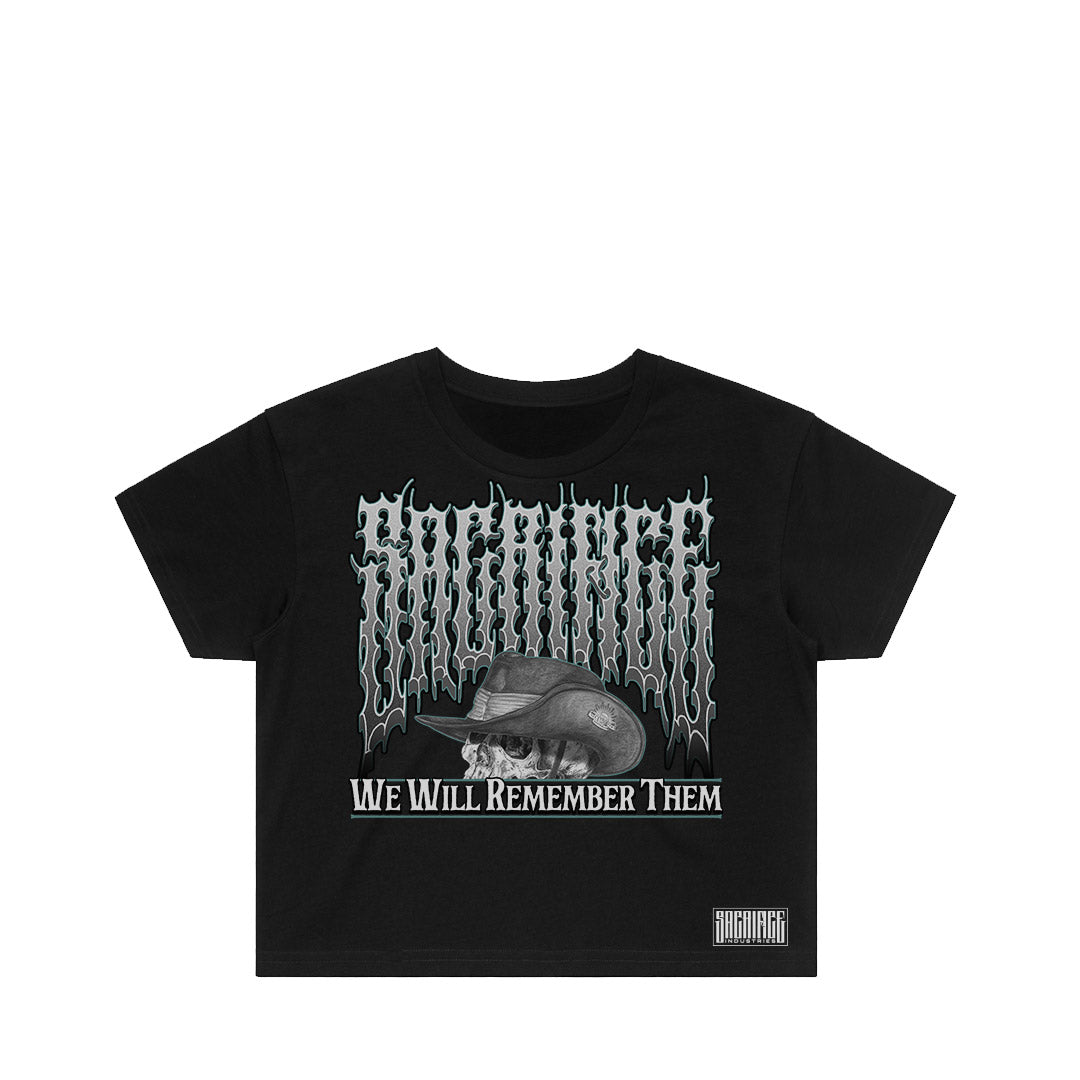 ANZAC Cropped T-Shirt women’s black tee front view with We Will Remember Them artwork, designed and printed in Australia.