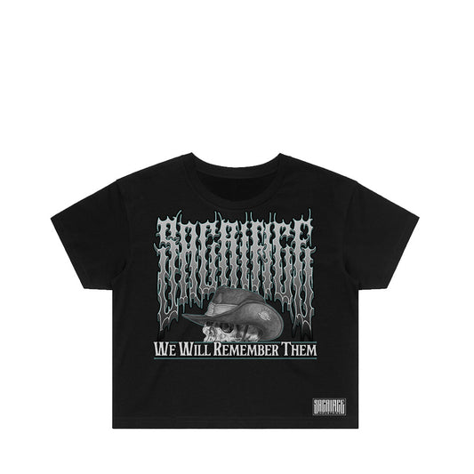 ANZAC Cropped T-Shirt women’s black tee front view with We Will Remember Them artwork, designed and printed in Australia.