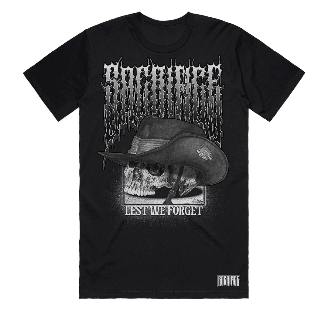 ANZAC Day shirt front view featuring Lest We Forget skull artwork on a black heavyweight 220gsm cotton t shirt by SACRIFICE Industries