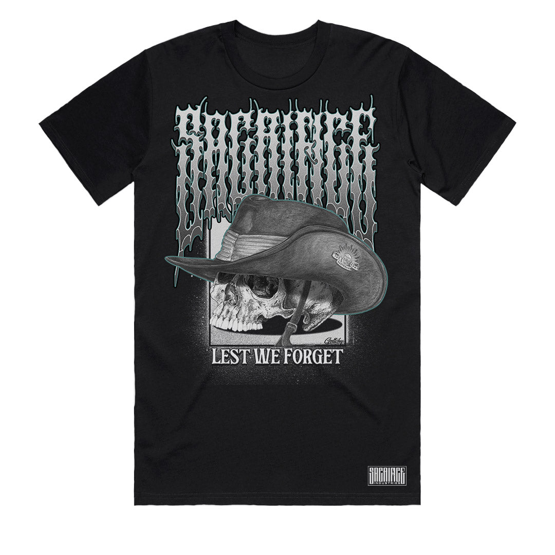 ANZAC Day shirt front view featuring Lest We Forget skull artwork on a black heavyweight 220gsm cotton t shirt by SACRIFICE Industries