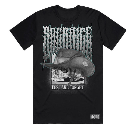 ANZAC Day shirt front view featuring Lest We Forget skull artwork on a black heavyweight 220gsm cotton t shirt by SACRIFICE Industries