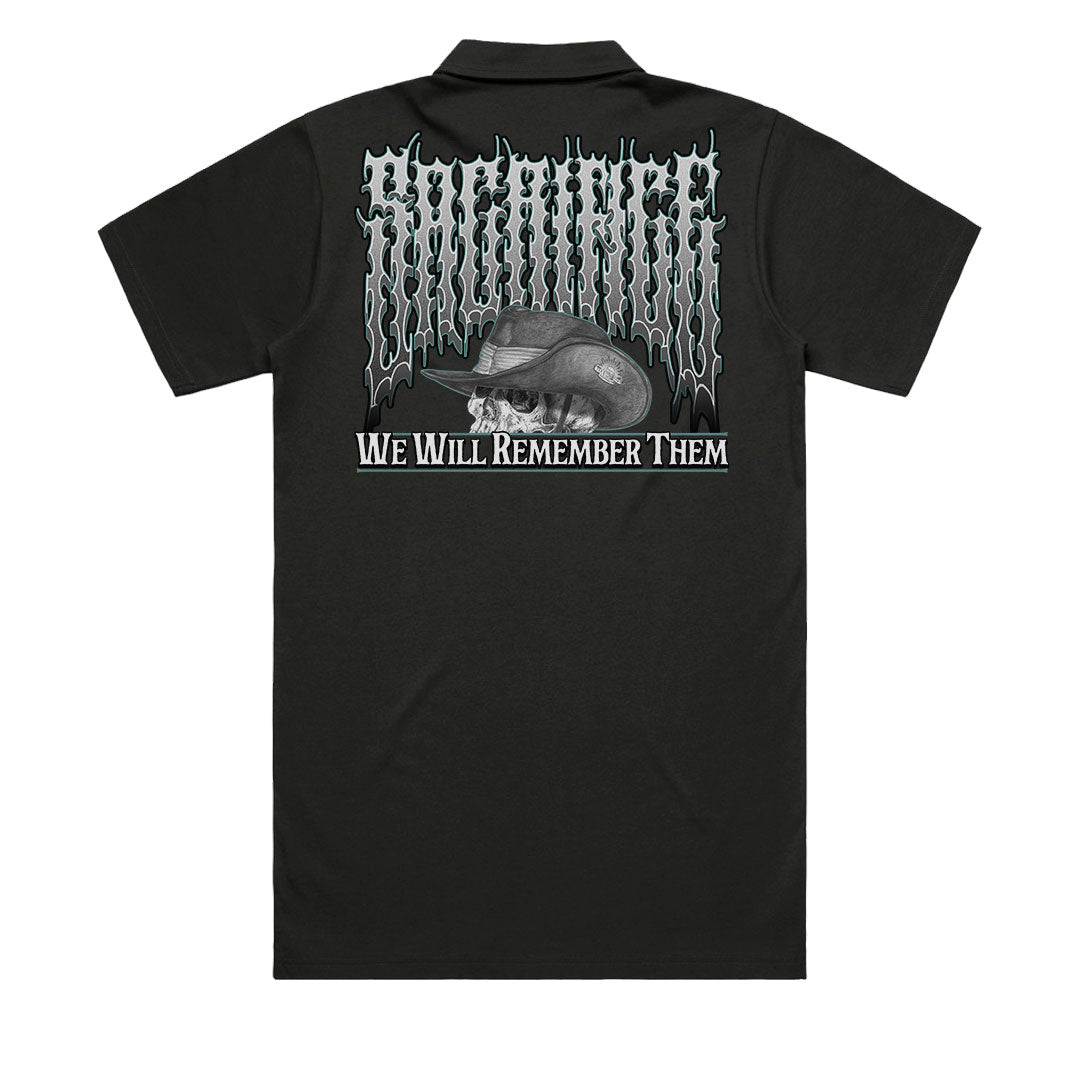 ANZAC Memorial Shirt back view with We Will Remember Them artwork and hand-illustrated skull design