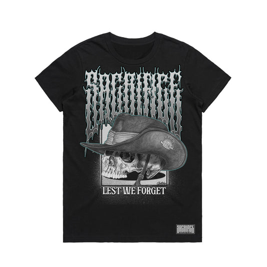 ANZAC Shirt for women by SACRIFICE Industries featuring hand-illustrated skull artwork and limited edition Australian-made streetwear design