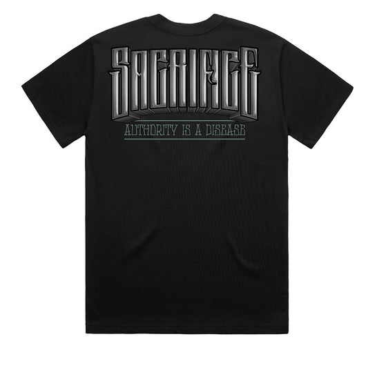 Authority Is A Disease black men's t-shirt back view featuring large SACRIFICE Industries print design, Australian made underground streetwear apparel