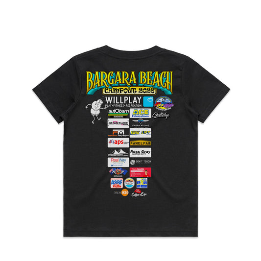 Bargara Beach Campout 2026 Kids Merch official kids/youth t-shirt back view approved by Rum City Rods and Customs
