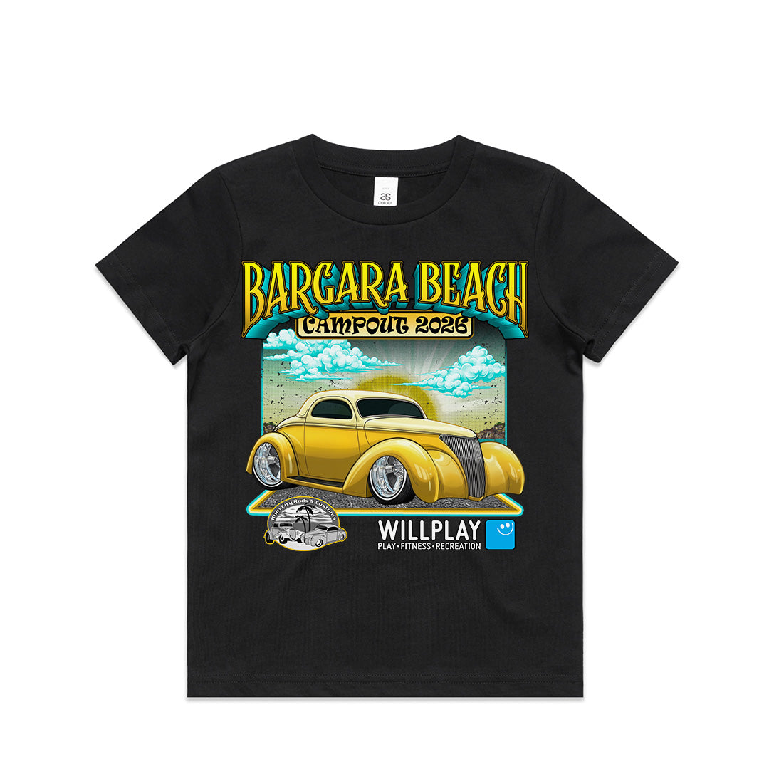 Bargara Beach Campout 2026 Kids Merch official kids/youth t-shirt front view by Geltchy