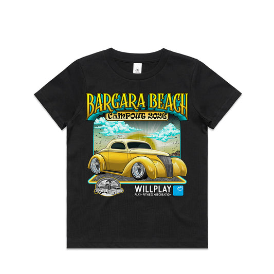 Bargara Beach Campout 2026 Kids Merch official kids/youth t-shirt front view by Geltchy