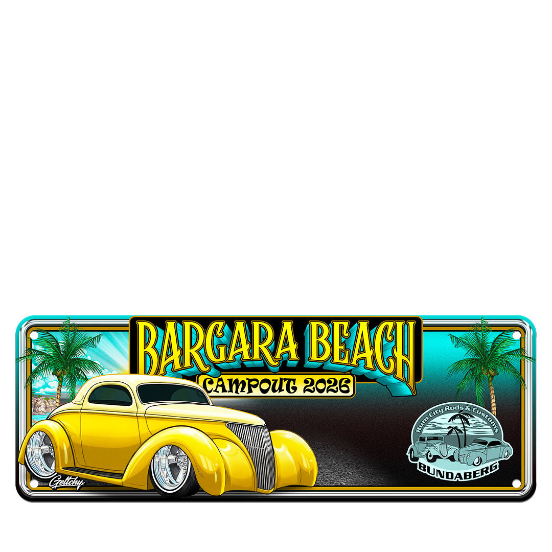 Bargara Beach Campout 2026 number plate sign, official licensed Rum City Rods & Customs merch illustrated by Geltchy.