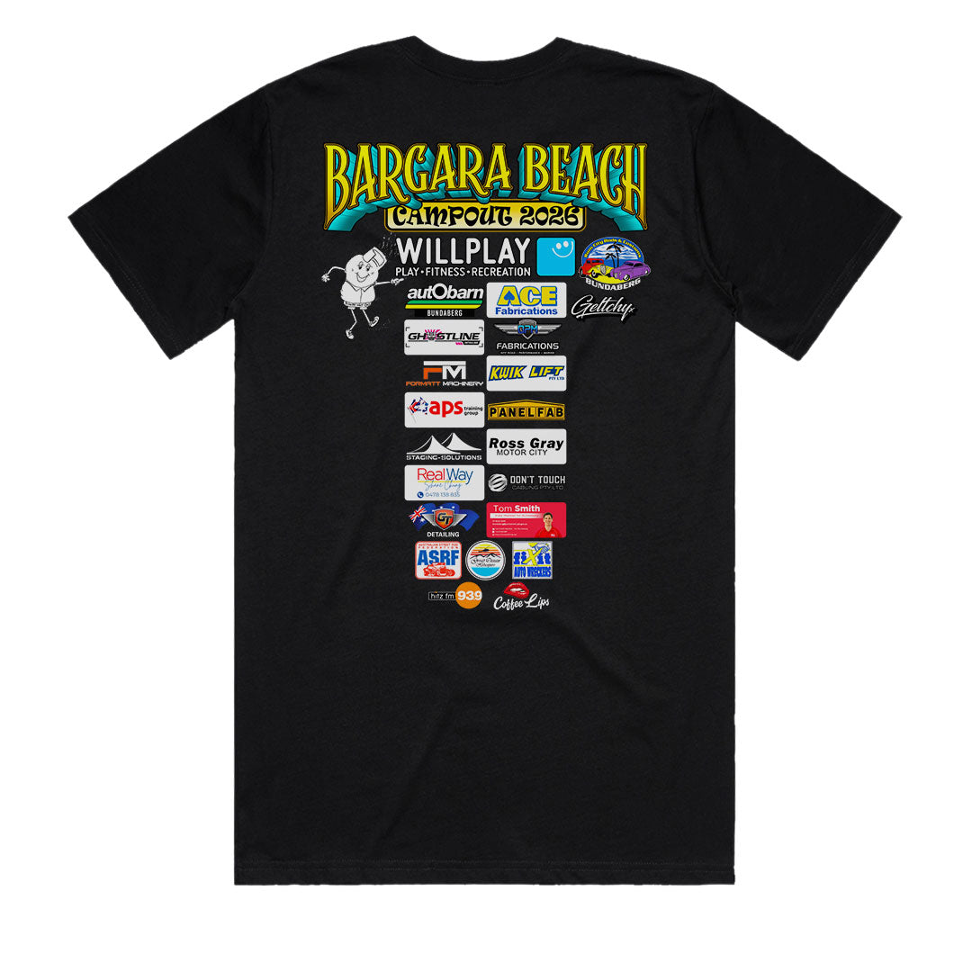 Bargara Beach Campout 2026 t-shirt men’s back print black sponsor logos official event merchandise