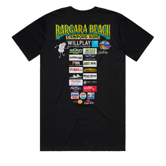 Bargara Beach Campout 2026 t-shirt men’s back print black sponsor logos official event merchandise