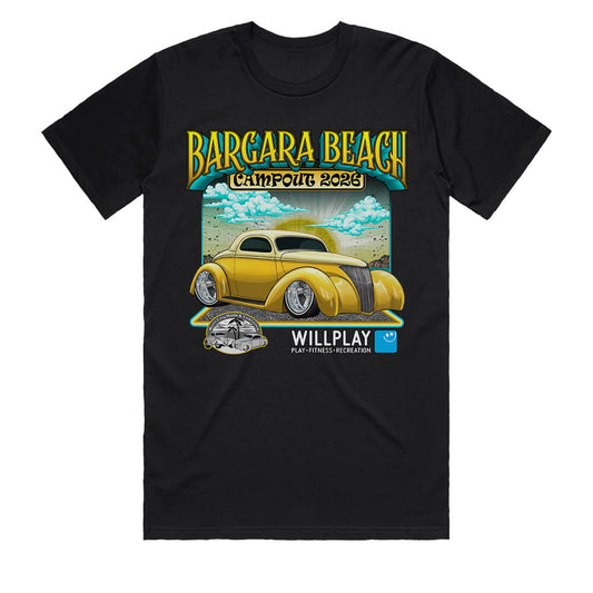 Bargara Beach Campout 2026 t-shirt men’s front print black official licensed event merch