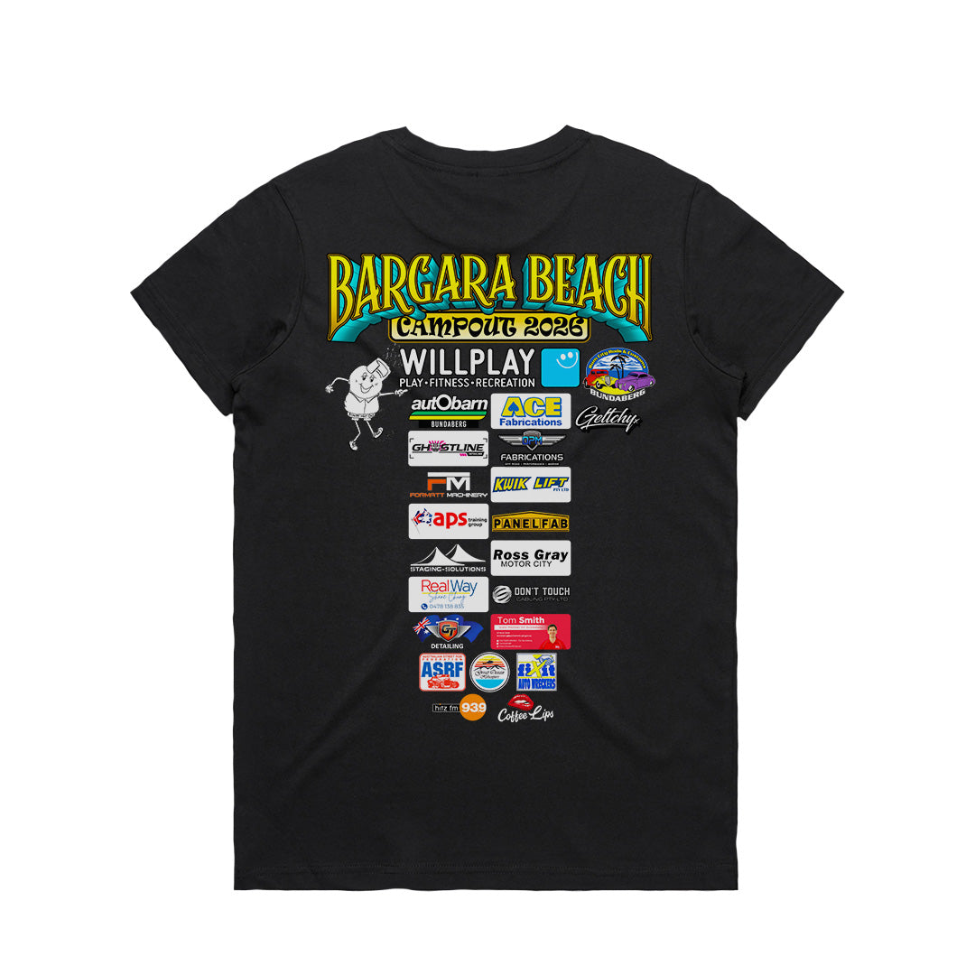Bargara Beach Campout 2026 t-shirt women’s back print black sponsor logos official event merchandise