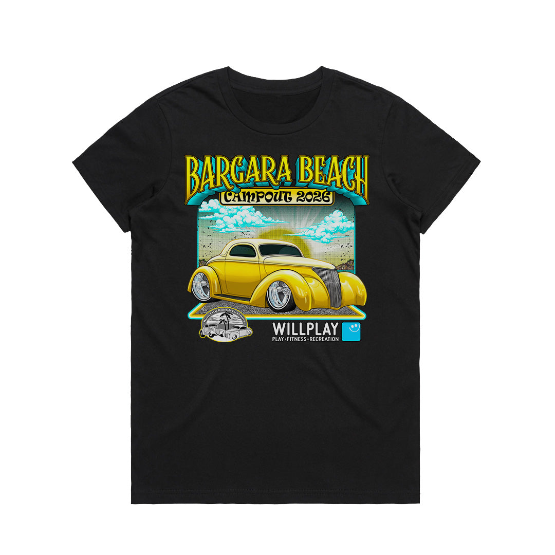 Bargara Beach Campout 2026 t-shirt women’s front print black official licensed event merch