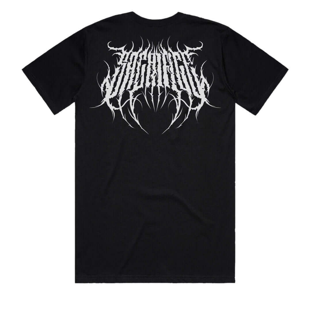 Death Metal Tee SACRIFICE Industries back design in black and white, perfect for men's streetwear fashion.