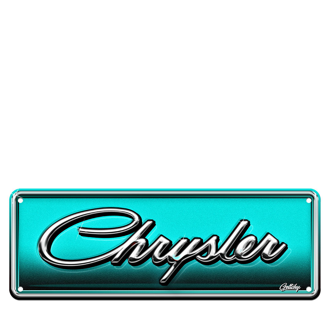 Chrysler number plate sign with chrome script badge on teal aluminium plate, Aussie man cave wall decor by Geltchy