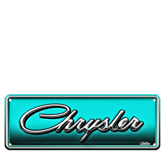 Chrysler number plate sign with chrome script badge on teal aluminium plate, Aussie man cave wall decor by Geltchy