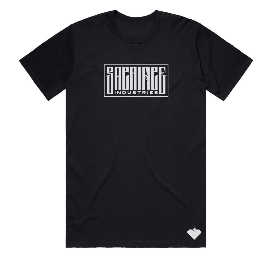 Men's black heavy cotton t-shirt featuring SACRIFICE Industries logo on front.