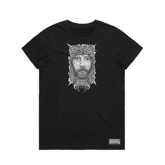 Crown of Thorns T-Shirt for women in black with Jesus crucifixion graphic by Sacrifice Industries