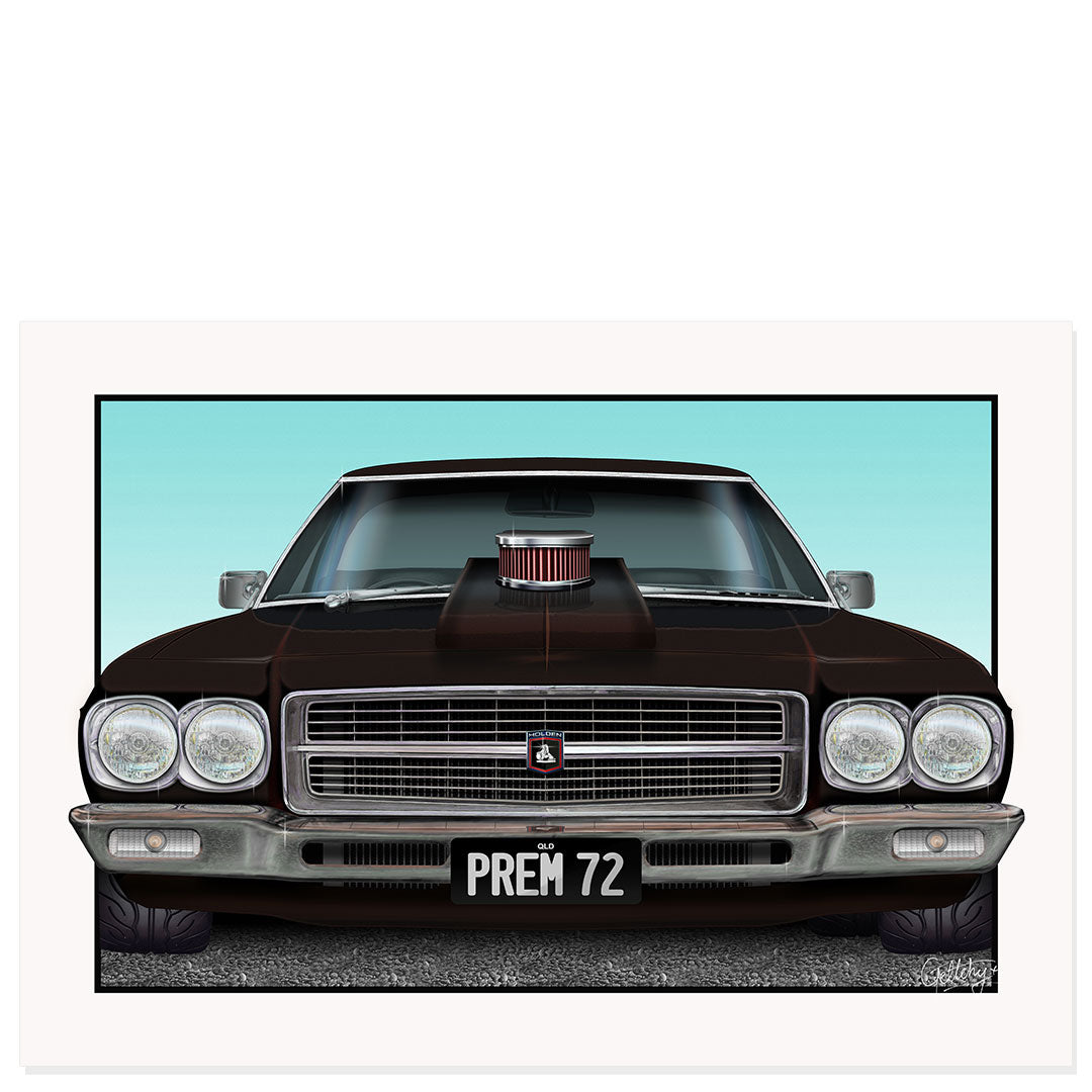 Custom car artwork front view of Prem 72 HQ Holden Premier owned by Chris Fitzhenry – personalised fine art print by Mark Geltch