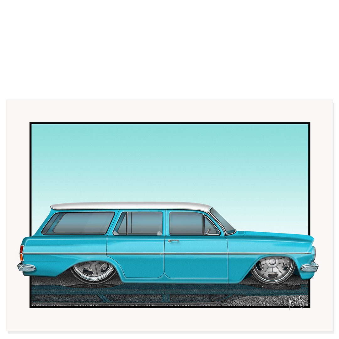 Custom car artwork side view of SMOTY EH Holden Wagon owned by Ben Judd – personalised fine art print by Mark Geltch