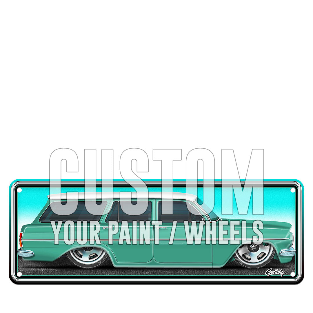 Custom Holden EH Wagon number plate sign, personalised colours and wheels, premium aluminium, Australian made, hand-illustrated by Mark Geltch