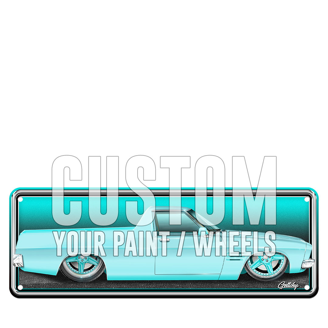 Custom HQ Holden Ute number plate sign – hand-illustrated by Mark Geltch, premium aluminium, Australian made, personalised man cave decor