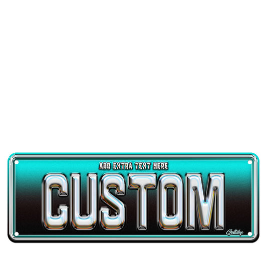 Custom Name Number Plate with extra text above main word, personalised chrome aluminium sign by Geltchy