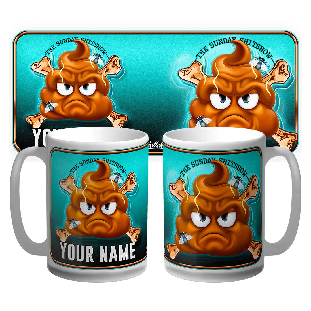 Custom name Sunday SHITSHOW podcast mug – 15oz personalised ceramic coffee cup, illustrated by Geltchy, Australian-made, official merchandise