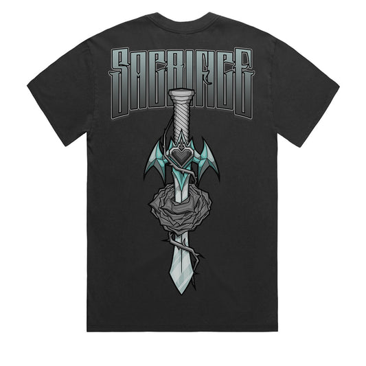 Dagger Men's Faded Black Tee back view featuring large 60cm tattoo flash design by underground artist guchy.is.tired SACRIFICE Industries