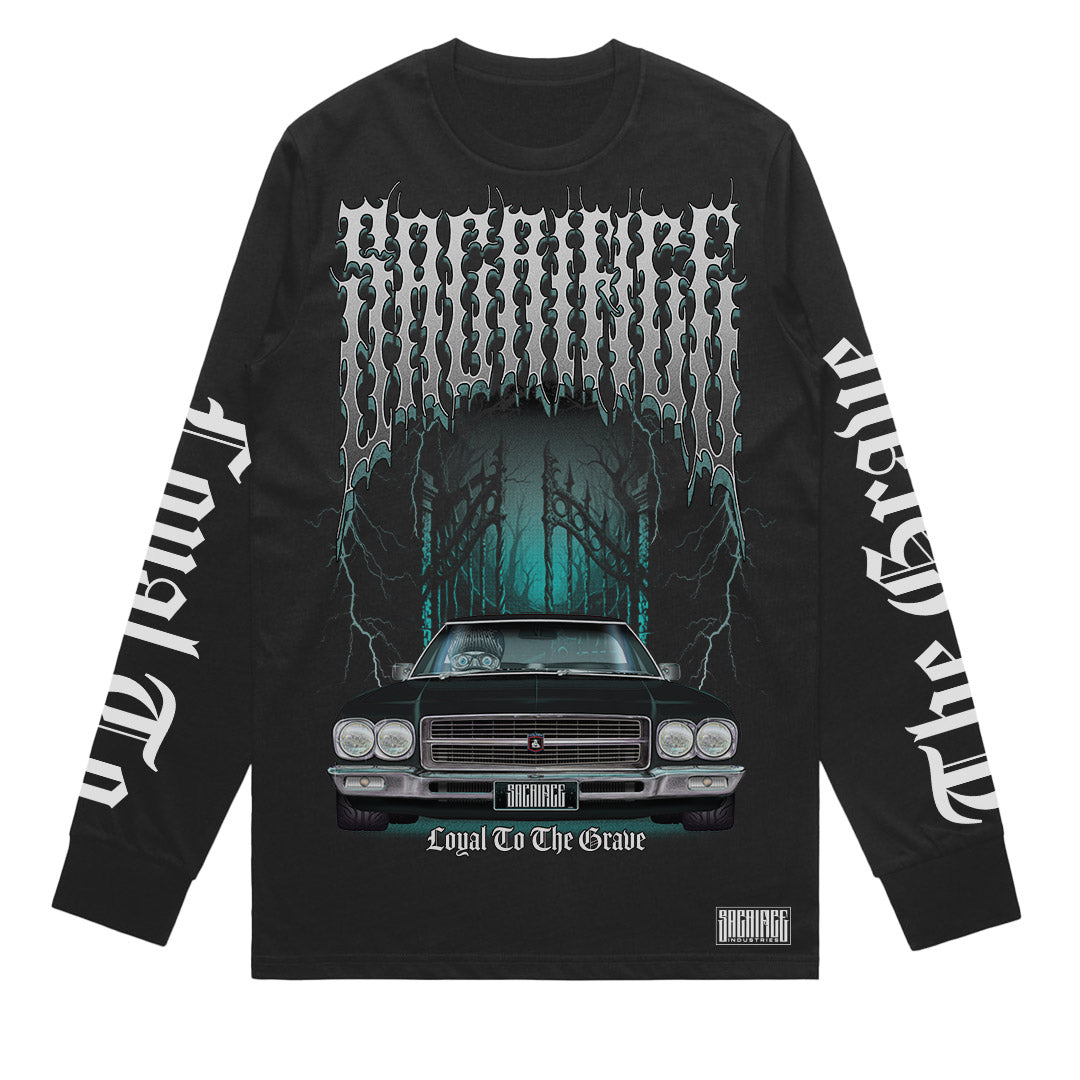 Death Metal long sleeve tee Iron Oath front print HQ Holden Premier gothic cemetery