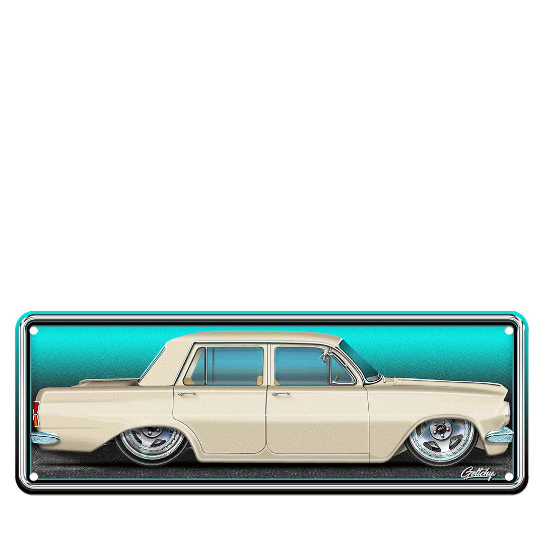 Custom EH Holden number plate wall art featuring a lowered EH sedan in BMW beige with Weld Convo Pro wheels on a turquoise background, Geltchy