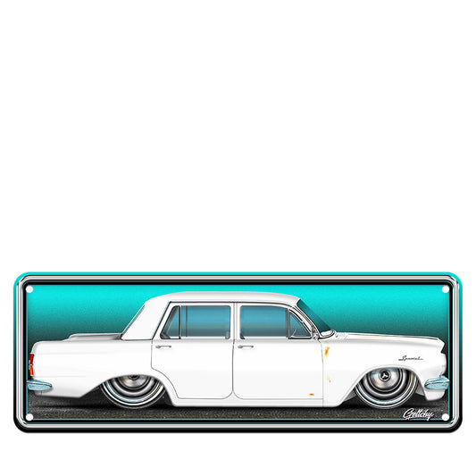 Custom EH Holden number plate wall art featuring a lowered stock white EH sedan with light patina and chrome wheels on a turquoise background, Geltchy.