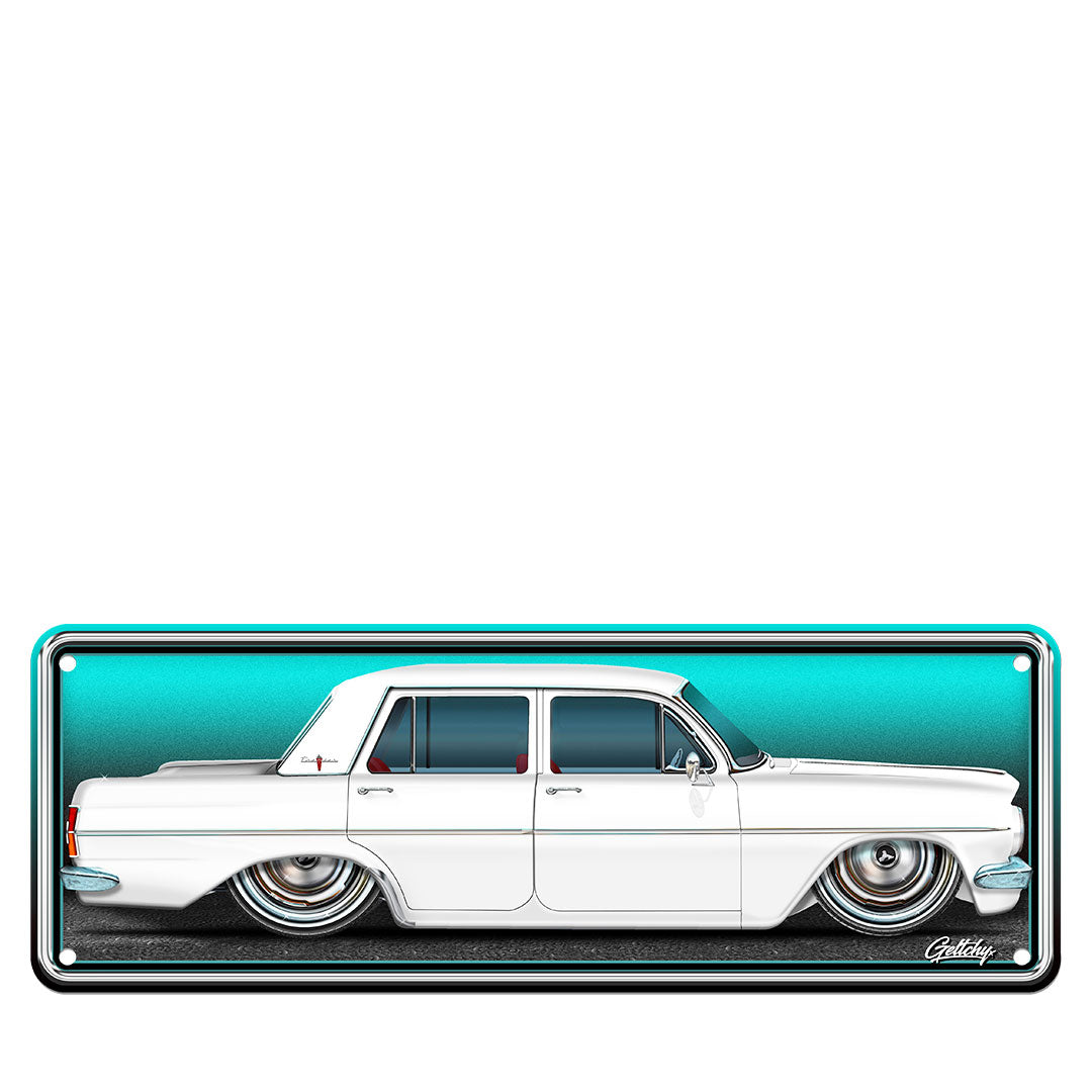 EH Holden Number Plate Fowlers White Premier – Premium Australian Man Cave Decor, hand-illustrated collectible sign by Mark Geltch