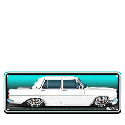 EH Holden Number Plate Fowlers White Premier – Premium Australian Man Cave Decor, hand-illustrated collectible sign by Mark Geltch