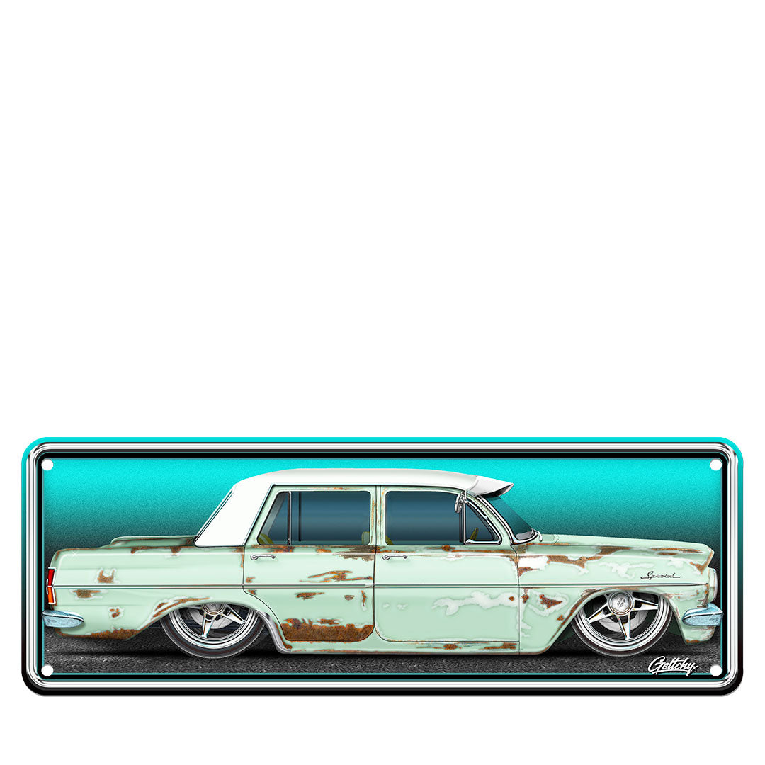 EH Holden number plate wall art featuring a lowered mint green EH sedan with patina paintwork and billet-style wheels on a turquoise background, Geltchy.