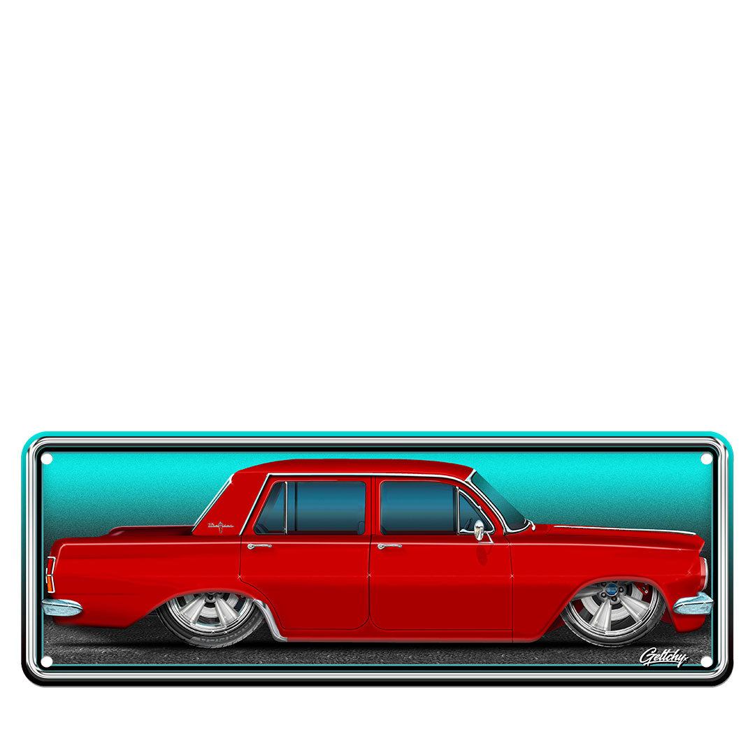 EH Holden Number Plate Sign in Winton Red – Custom Australian Man Cave Decor, hand-illustrated by Mark Geltch