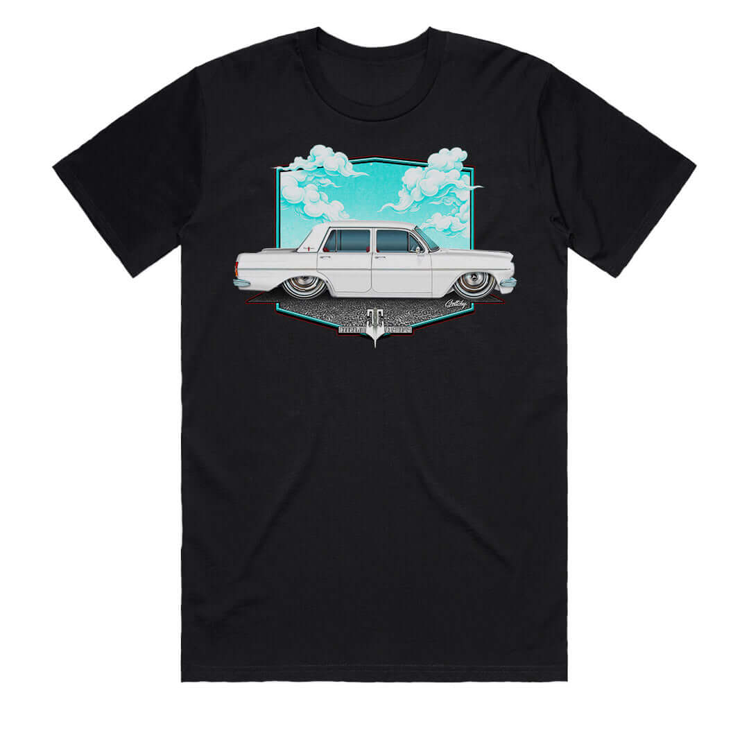 EH Holden T-Shirt black featuring hand-drawn artwork of a Holden Premier car with clouds in the background.